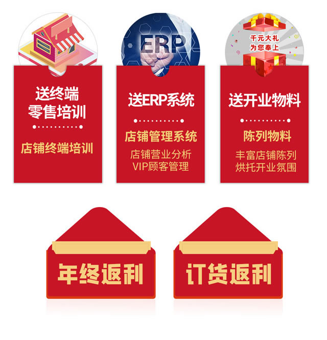 送道具、送形象標(biāo)識(shí)、送終端零售培訓(xùn)、送ERP系統(tǒng)、送開業(yè)開業(yè)物料、年終返利訂、貨會(huì)返利